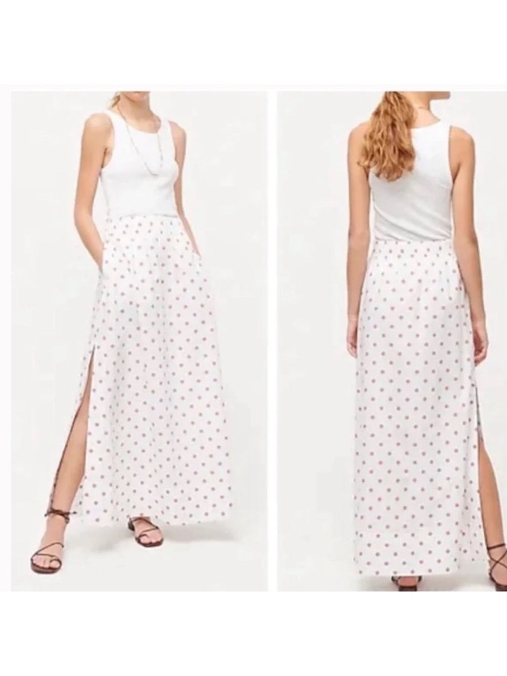 J. Crew White Maxi Skirt with Pink Polka Dots